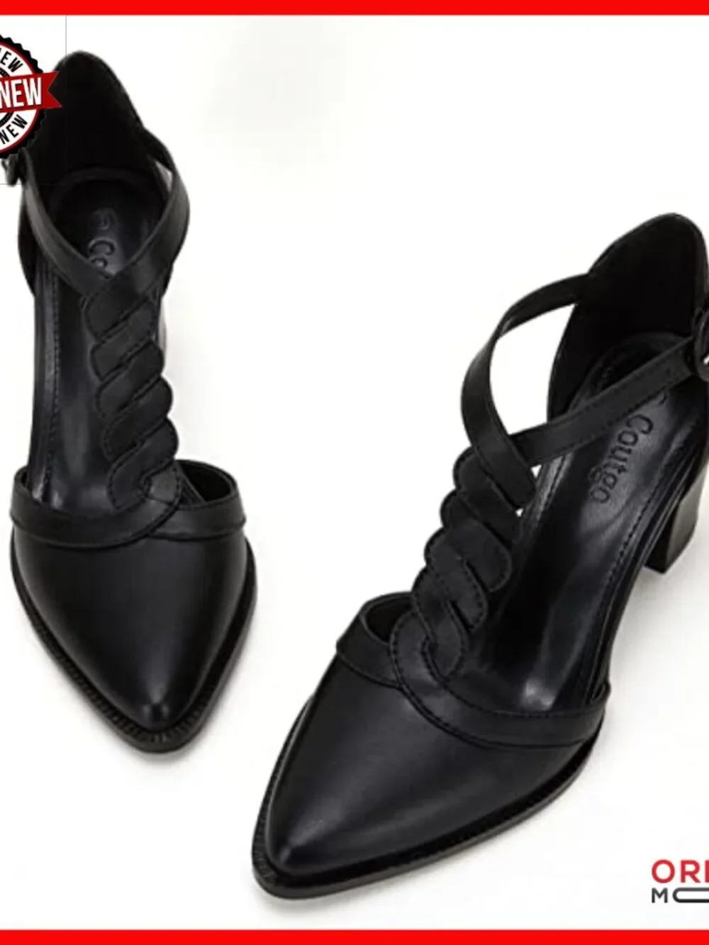 Chunky Block Heel Pumps with T-Strap, Pointed Toe, Adjustable Buckle